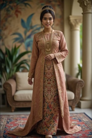 A regal portrait of a Malay Sultanate queen wearing the 'Kebarung Permaisuri' traditional costume, featuring intricate gold embroidery and vibrant colors. The queen stands majestically in a grand palace hall, with ornate pillars and rich tapestries in the background. Soft, warm lighting highlights her elegant pose, with a serene expression on her face. The composition centers on her, capturing the essence of her royal heritage.,Lia model,Lia