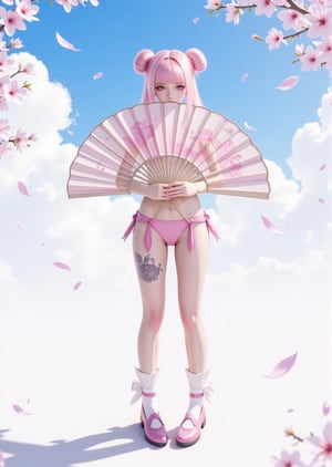 2.5D ,
1 girl, alone, looking at the audience, bangs, standing, full body, pink hair, forehead print, flower, outdoor sky, socks, clouds, pink eyes, hair bun, blue sky, petals, double bun, shadow, cherry blossom, bikini, slave's charm tattoo, tattoo on the lower abdomen, pink shoes, hands inserted into the waist, with a huge folding fan at the back, folding fan centered