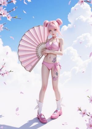 2.5D ,
1 girl, alone, looking at the audience, bangs, standing, full body, pink hair, forehead print, flower, outdoor sky, socks, clouds, pink eyes, hair bun, blue sky, petals, double bun, shadow, cherry blossom, bikini, slave's charm tattoo, tattoo on the lower abdomen, pink shoes, hands inserted into the waist, with a huge folding fan at the back, folding fan centered