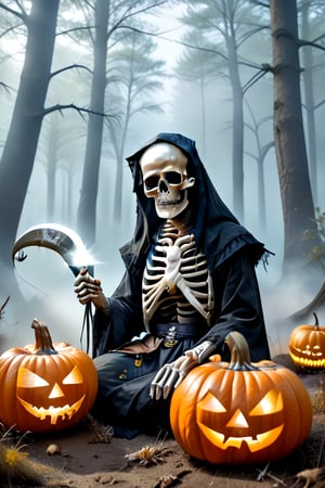 A skeletal figure, adorned with tattered robes, sits atop a glowing jack-o-lantern, its eyes aglow in the darkness. The scythe held firmly in bony fingers casts an eerie glow, as the misty forest surrounds, shrouding all in a veil of mystery. Fog swirls around the pumpkin's orange hue, while skeletal branches reach like ghostly fingers, casting long shadows across the darkened landscape.