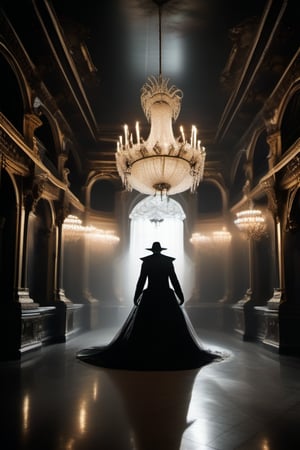 In this eerie shot, the iconic Phantom of the Opera, dressed in his signature white mask and tattered cape, stands tall amidst the grand chandeliers of the opulent opera house. His eyes gleam with a mix of passion and despair as he faces off against the Venomized Phantom, its body twisted into a grotesque, symbiote-covered mass. The air is thick with tension as the two phantoms engage in a spectral battle for dominance, their ethereal forms silhouetted against the flickering stage lights.