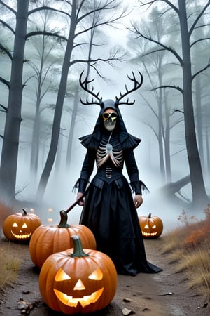 A skeletal figure, adorned with tattered robes, sits atop a glowing jack-o-lantern, its eyes aglow in the darkness. The scythe held firmly in bony fingers casts an eerie glow, as the misty forest surrounds, shrouding all in a veil of mystery. Fog swirls around the pumpkin's orange hue, while skeletal branches reach like ghostly fingers, casting long shadows across the darkened landscape.