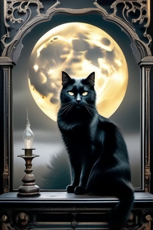 A spooky full moon casts an eerie glow on a crumbling Victorian mansion, where a svelte black cat perches precariously on the roof's edge, its eyes glowing like lanterns in the darkness. The air is thick with mist and mystery.