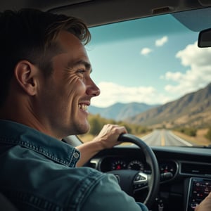 man driving car smiling male focus sky sunny day cloud realistic car road focus on vehicle mountain horizon

