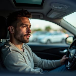 A photo of a man driving a car, focused expression, modern sedan, interior view, soft natural light, Canon EOS 5D, f/2.8, 50mm lens.