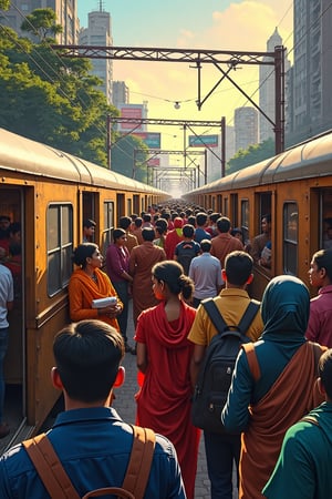 

"Create a highly realistic image depicting the bustling daily life of Mumbai commuters on a local train. The scene should capture the iconic Mumbai local train, with its slightly worn but familiar metal coaches, open doors, and passengers hanging on the handrails. The train is packed, showing a mix of diverse people — office-goers in formal attire, women in vibrant saris, college students with backpacks, street vendors with baskets of goods, and elderly individuals reading newspapers. Some are standing near the door, while others are seated, engaged in conversations or lost in their thoughts. The atmosphere should reflect the busy, energetic vibe of Mumbai, with a blend of expressions ranging from relaxed to hurried.

The background outside the train windows should feature the urban landscape of Mumbai — tall, crowded buildings, roadside stalls, billboards, and green patches of vegetation. The setting should be during the peak morning or evening rush hour, with bright sunlight streaming through the windows or the warm orange glow of sunset, casting shadows and giving the scene a vibrant yet gritty feel. The image should convey a sense of movement, capturing the spirit of Mumbai's fast-paced lifestyle, where people from all walks of life coexist and connect on their daily commute."

This prompt aims to reflect the typical scenes and elements associated with Mumbai’s local train travel and the lifestyle of its people.