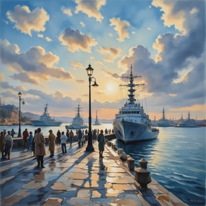 imagine a vibrant, early morning artistic rendering of the Kerch military port by Ivan Aivazovsky, focusing on the juxtaposition of military might and daily life. Docked ships and civilians on the quay are highlighted, with an old street lamp providing a historical touch. The style is Impressionistic, inspired by Claude Monet, using broad, loose brushstrokes to capture the essence of the scene, the soft light and shadows of dawn, and the moody atmosphere. Watercolors are chosen to emphasize the fluidity of the water and the sky's texture. --ar 16:9 --v 6.0