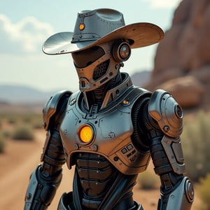 new mech in a futuristic style and wearinf and metal shining hat in his heat like an cowboy style but its an metal one 
