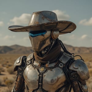 new mech in a futuristic style and wearinf and metal shining hat in his heat like an cowboy style but its an metal one 
