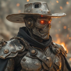 new mech in a futuristic style and wearinf and metal shining hat in his heat like an cowboy style but its an metal one 
