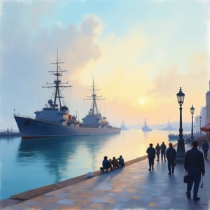 imagine a vibrant, early morning artistic rendering of the Kerch military port by Ivan Aivazovsky, focusing on the juxtaposition of military might and daily life. Docked ships and civilians on the quay are highlighted, with an old street lamp providing a historical touch. The style is Impressionistic, inspired by Claude Monet, using broad, loose brushstrokes to capture the essence of the scene, the soft light and shadows of dawn, and the moody atmosphere. Watercolors are chosen to emphasize the fluidity of the water and the sky's texture. --ar 16:9 --v 6.0