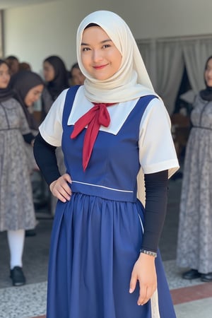 a young woman FaisaCh stands with her left hand on her hip and looking to camera. She is wears white hijab and dressed in a blue and white school uniform, adorned with a blue maxi skirt, a long sleeve, a white stripe down the middle, and a red bow tie. Her hair is short, adding a touch of movement to her face. The background is blurred, suggesting a crowd of student wear school uniform in the background.