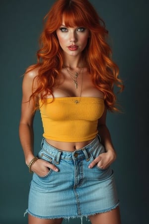 A provocative pose: a married woman with vibrant red hair and luscious, big-sized upper body showcased in a yellow tube top, flaunting her confidence. She stands tall in blue pastel skirt jeans that accentuate her curves, paired with daring red high heels that exude sultry sophistication. The camera captures her, the focal point of the composition, as she confidently strikes a pose, radiating an aura of allure and mystery. Taylor swift face based