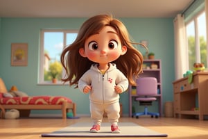 image of a little girl named Lily. Lily is 12 years old with long heavy brown hair and an innocent look with big brown eyes. sh is exercising at home. They have a special exercise room at home. she is wearing a white tracksuit and is exercising. Their room is fully equipped with all equipment related to the club.She is looking at the camera and feel energetic . show it in full length. style: Pixar 3D animation.