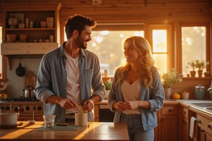 In a warm, inviting kitchen lit by soft, golden morning light, parents in their prime - Father, 36, with jet-black hair and piercing eyes that seem to sparkle like polished onyx, and Mother, 34, with honey-blonde locks that cascade down her back like a sun-kissed waterfall - engage in an intimate conversation. The walls of the kitchen are adorned with rustic wooden cabinets and gleaming stainless steel appliances, while the linoleum floor shines like a well-polished mirror. Father's strong jawline and Mother's gentle smile radiate warmth as they laugh and connect, their attractiveness shining brighter than the morning sun through the window.