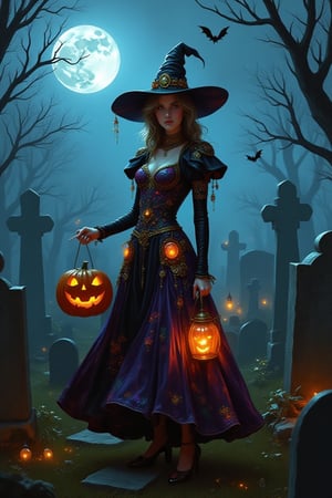 A Pixomeda-style digital painting of a woman in a vibrant Halloween dress, standing in a spooky, foggy graveyard at night. The dress features intricate patterns and glowing elements, with the woman holding a lit pumpkin lantern. The scene is illuminated by moonlight, casting eerie shadows. The composition is dynamic, with the woman's pose exuding confidence and mystery.,Pixomeda style