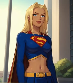 score_9,score_8_up,score_7_up BREAK ,supergirlApocalypse,1girl,long hair,blue eyes,blonde hair,navel,midriff,dark skin,skirt,cape,dark-skinned female,lips,yellow belt,long sleeves,blue crop top,superhero,cowboy shot, smug,street,