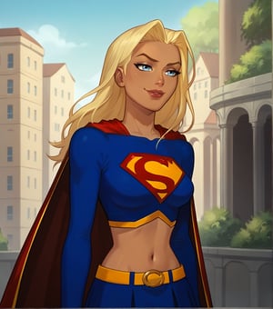 score_9,score_8_up,score_7_up BREAK ,supergirlApocalypse,1girl,long hair,blue eyes,blonde hair,navel,midriff,dark skin,skirt,cape,dark-skinned female,lips,yellow belt,long sleeves,blue crop top,superhero,cowboy shot, smug,street,