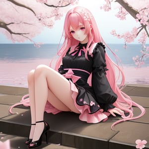 cherry blossoms, mdeium shot.Beautiful girl, with long pink hair down to her waist, well-detailed pink eyes, with a short dress above her knees, the dress being light blue, black heels