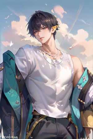 SCORE_9, SCORE_8_UP, SCORE_7_UP, SCORE_6_UP
Masterpiece, best quality, high quality,
1 Male, half-elf, 171CM tall, thin, black hair center part side part, sky blue eyes, white short-sleeved shirt, black trousers, silver necklace

Reaching up to try to grab something