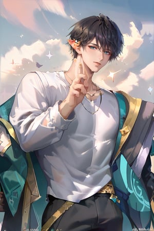 SCORE_9, SCORE_8_UP, SCORE_7_UP, SCORE_6_UP
Masterpiece, best quality, high quality,
1 Male, half-elf, 171CM tall, thin, black hair center part side part, sky blue eyes, white short-sleeved shirt, black trousers, silver necklace

Reaching up to try to grab something