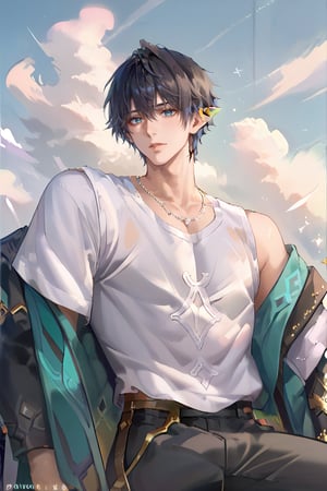 SCORE_9, SCORE_8_UP, SCORE_7_UP, SCORE_6_UP
Masterpiece, best quality, high quality,
1 Male, half-elf, 171CM tall, thin, black hair center part side part, sky blue eyes, white short-sleeved shirt, black trousers, silver necklace

Reaching up to try to grab something