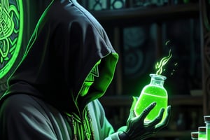 rentgen masked and Hooded Occultic alchemist in hes lab making acid, runic, meditative, alex gray high detail 4k fluorescent green, rentgen