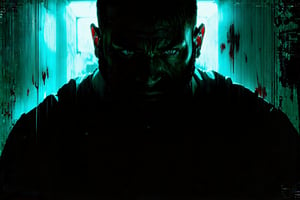 A close-up shot of Isaac Clarke's rugged face, his eyes locked in a fierce stare as he wields the plasma cutter to dispatch a swarm of necromorphs. The dimly lit corridor is awash with a sickly green haze, and bloodstains mar the walls like gruesome graffiti. The air is thick with the stench of decay and death as Isaac fights for survival.