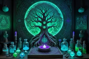 rentgen Occultic alchemist altar full of glowing mixtures, potions,  runic, meditative, alex gray high detail 4k fluorescent green, rentgen, sacred geometry , occultic sigils, turquoise ultraviolet  bulbs, vessels, rooted tree