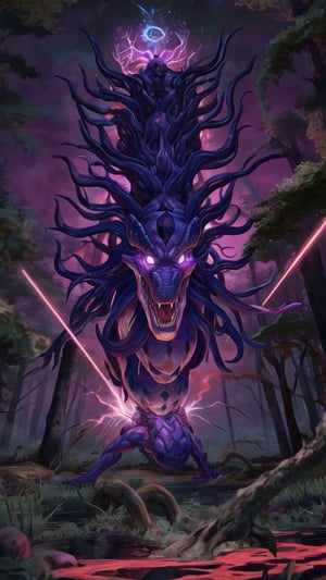 Beautyfull long faced purple skin female shouting raging angry medusa shooting lasers 4k glowing eyes, violet, purple, red lightning, witch hunt,snake  dreeds, dark forrest swamp, tendons and reuters