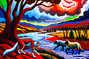 wolves and sheep puma on tree red river, alex gray