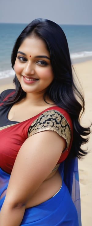 a beautiful Indian real picture with plus size a gorgeous real indian woman with plus size, ultra high resolution pictures, Best quality, realistic light, 
a indian 26 years girl, smile, 
In the image, the woman stands confidently,
long black hair, beautiful Indian woman in blue saree cloth wear
plus size figures with red Black sari on the beach