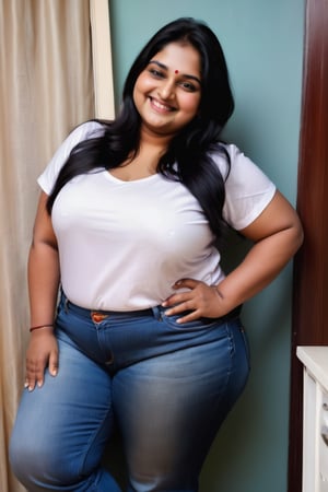 real indian woman with plus size, at the home , realistic photo, white tshirt and matching jean
long black silky hair 
smile face 