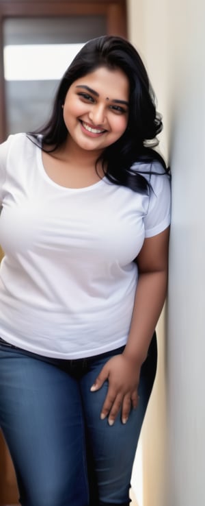 real indian woman with plus size, at the home , realistic photo, white tshirt and matching jean
long black silky hair 
smile face 