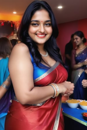 real picture indian woman with plus body size, in the party realistic photo,
long black silky hair 
smile face
, 8k photo, high resolution 
red blue sari with necklace 
photos, sexy indian woman 
Full body pictures perfect size 
plus size cup size