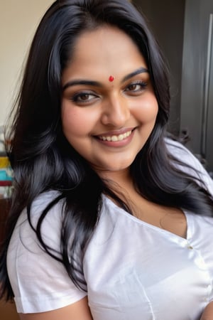 real indian woman with plus size, at the home , realistic photo, white tshirt and matching jean
long black silky hair 
smile face 