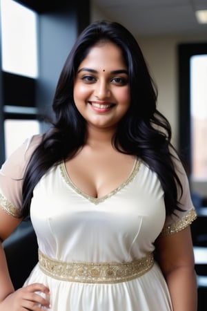 real picture indian woman with plus body size, in the office realistic photo,
long black silky hair 
smile face
, 8k photo, high resolution 
white dress 
photos, sexy indian woman 
Full body pictures perfect size 
plus size cup size