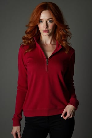 A contemplative christina hendricks takes center stage in a full body shot. Her red fleece zip top under soft lighting, her loose waves framing her face as she gazes down, eyes locked on the viewer. large Chest, shoulders, and face are in frame, drawing looking at viewer against a blurred gray background. Black leggings 