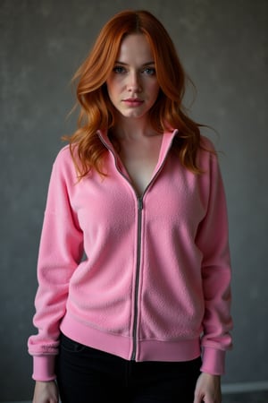 A contemplative christina hendricks takes center stage in a full body shot. Her pink fleece zip top under soft lighting, her loose waves framing her face as she gazes down, eyes locked on the viewer. large Chest, shoulders, and face are in frame, drawing looking at viewer against a blurred gray background. Black leggings 