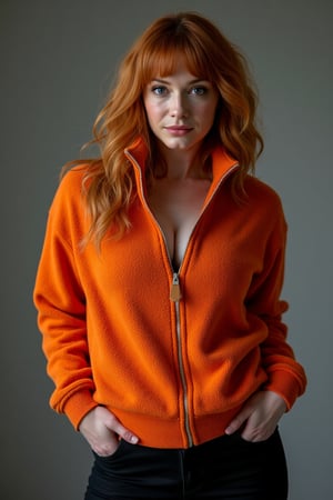 A contemplative christina hendricks takes center stage in a full body shot. Her bright fleece zip top under soft lighting, her loose waves framing her face as she gazes down, eyes locked on the viewer. large Chest, shoulders, and face are in frame, drawing looking at viewer against a blurred gray background. Black leggings 