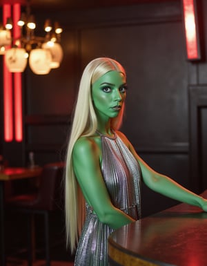 a high quality photo of ANYAJT green skin, silver dress, blonde hair, in sci fi bar, looking at user