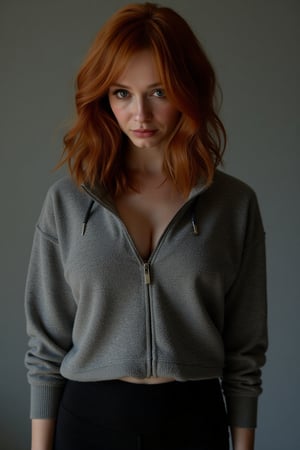 A contemplative christina hendricks takes center stage in a full body shot. Her fleece zip top under soft lighting, her loose waves framing her face as she gazes down, eyes locked on the viewer. large Chest, shoulders, and face are in frame, drawing looking at viewer against a blurred gray background. Black leggings 