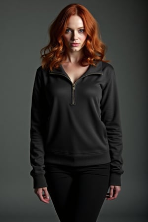 A contemplative christina hendricks takes center stage in a full body shot. Her fleece zip top under soft lighting, her loose waves framing her face as she gazes down, eyes locked on the viewer. large Chest, shoulders, and face are in frame, drawing looking at viewer against a blurred gray background. Black leggings 