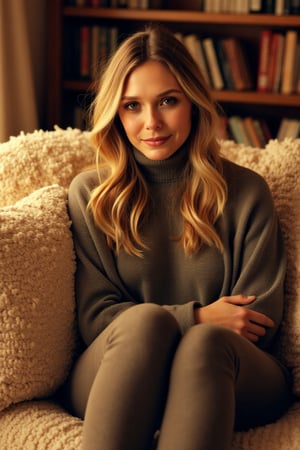 A close-up shot of Elizabeth Olsen indoors, wearing a cozy turtleneck and Ugg boots. The lighting is warm and soft, casting a gentle glow on her face. She sits comfortably on a plush sofa in a cozy, inviting room with soft furnishings and a warm color palette. The background features plush pillows, a knitted throw, and a bookshelf filled with books. Her expression is relaxed, with a slight smile. The composition highlights her casual yet stylish outfit.