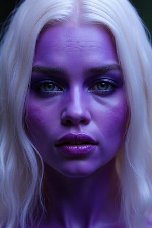 emxclarke's alien body her vibrant purple skin glistening, highlighting the intricate details of her purple extraterrestrial complexion. Her eyes, a striking shade of green, seem to gleam with an otherworldly intelligence as she gazes directly into the lens. Platinum Blonde hair