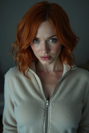 A contemplative christina hendricks takes center stage in a close-up shot. Her fleece zip top under soft lighting, her loose waves framing her face as she gazes down, eyes locked on the viewer. large Chest, shoulders, and face are in frame, drawing looking at viewer against a blurred gray background.