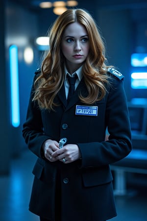 A close-up shot of Karen Gillan as policewoman Amy Pond from Doctor Who, wearing her iconic police uniform with a determined expression. The scene is set in a dimly lit, futuristic police station with neon lights casting a blue hue. Amy stands confidently, holding a futuristic police device, with a dynamic composition emphasizing her strong posture and focus. The lighting highlights her sharp features and the intricate details of her uniform.