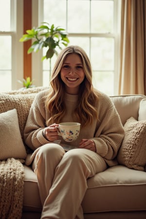 A cozy living room scene featuring Elizabeth Olsen, dressed in comfy clothes, sitting on a plush sofa. The lighting is warm and soft, with natural light streaming through large windows. Elizabeth is smiling, holding a cup of tea, with a book on her lap. The composition centers on her relaxed pose, surrounded by homey decor like throw pillows and a knitted blanket.