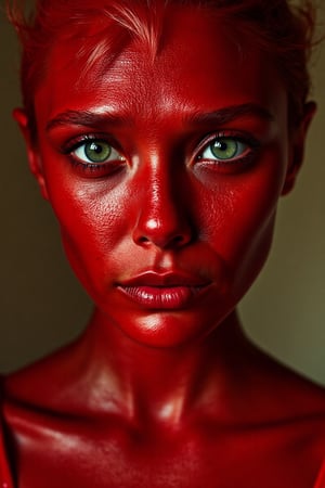 Elizabeth Olsen's alien body her vibrant red skin glistening, highlighting the intricate details of her red extraterrestrial complexion. Her eyes, a striking shade of green, seem to gleam with an otherworldly intelligence as she gazes directly into the lens.