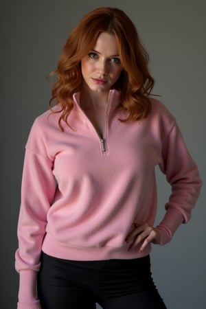 A contemplative christina hendricks takes center stage in a full body shot. Her pink fleece zip top under soft lighting, her loose waves framing her face as she gazes down, eyes locked on the viewer. large Chest, shoulders, and face are in frame, drawing looking at viewer against a blurred gray background. Black leggings 